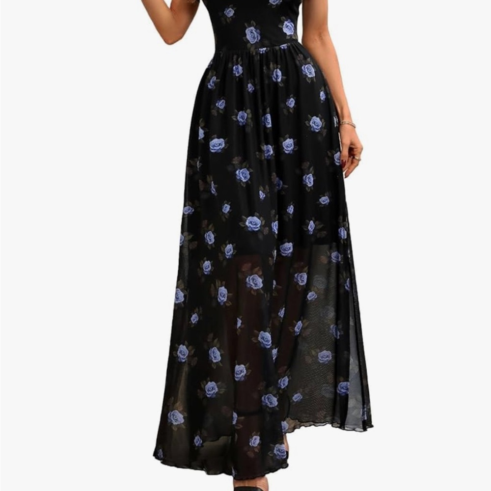 Floral Maxi Dress with Blue Roses